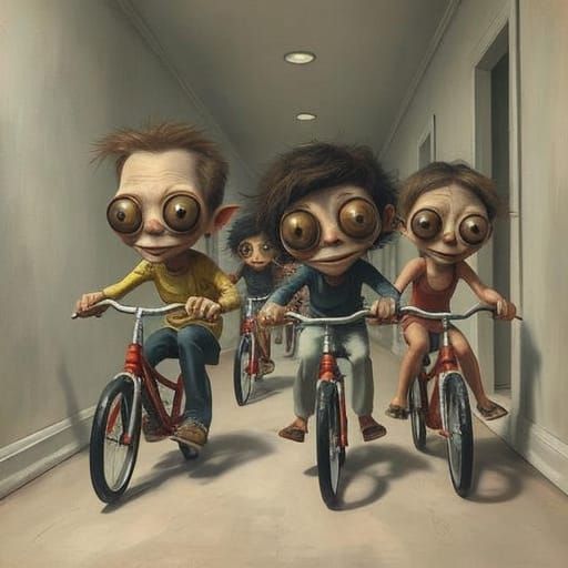 Whimsical Surreal Race: Adults on Tricycles in Hallway