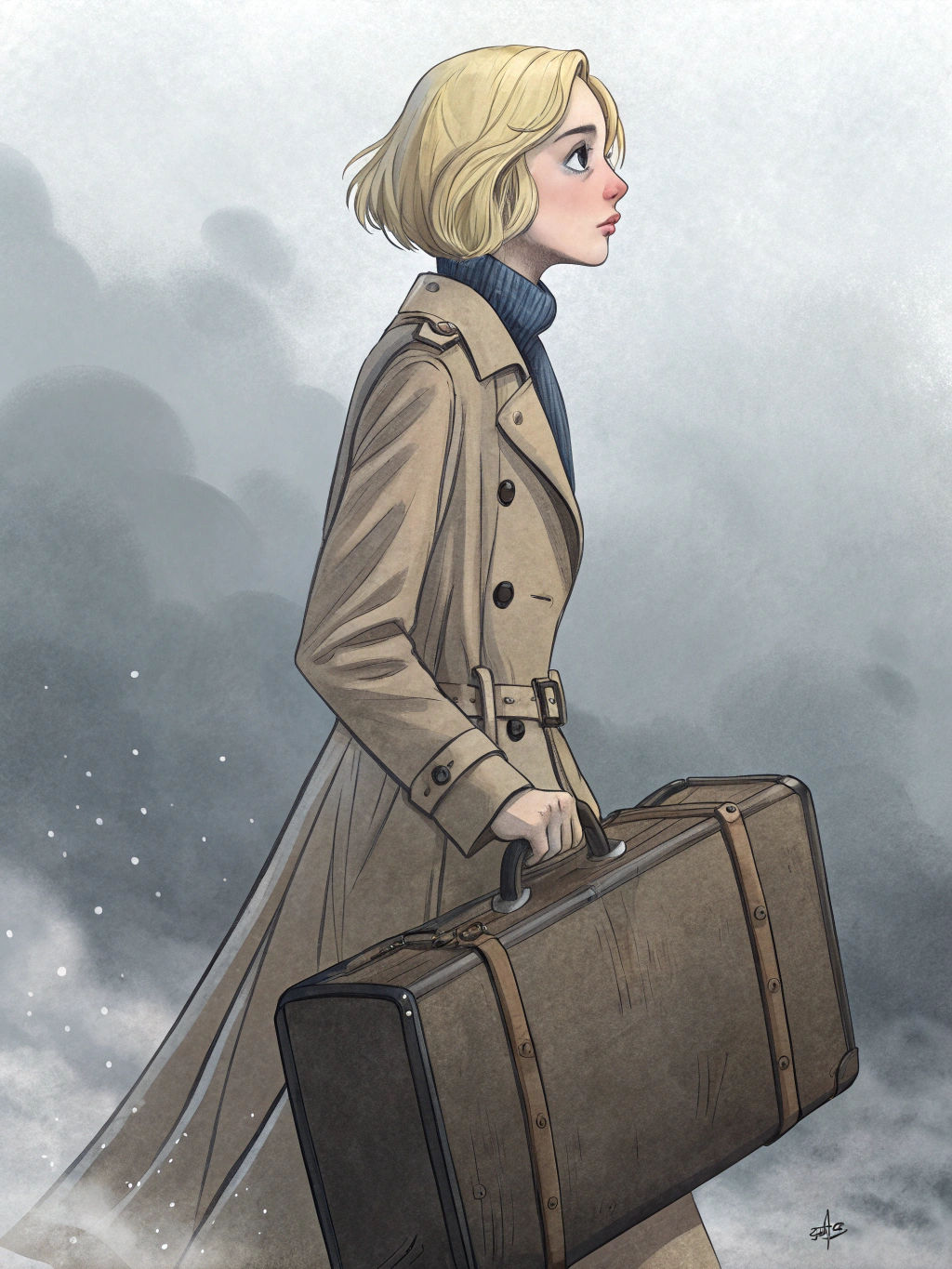 Melancholic Blonde in Trenchcoat with Suitcase