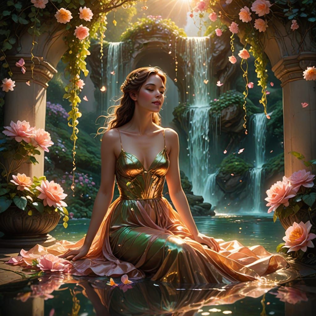 Radiant Woman in Hanging Garden Above Clouds