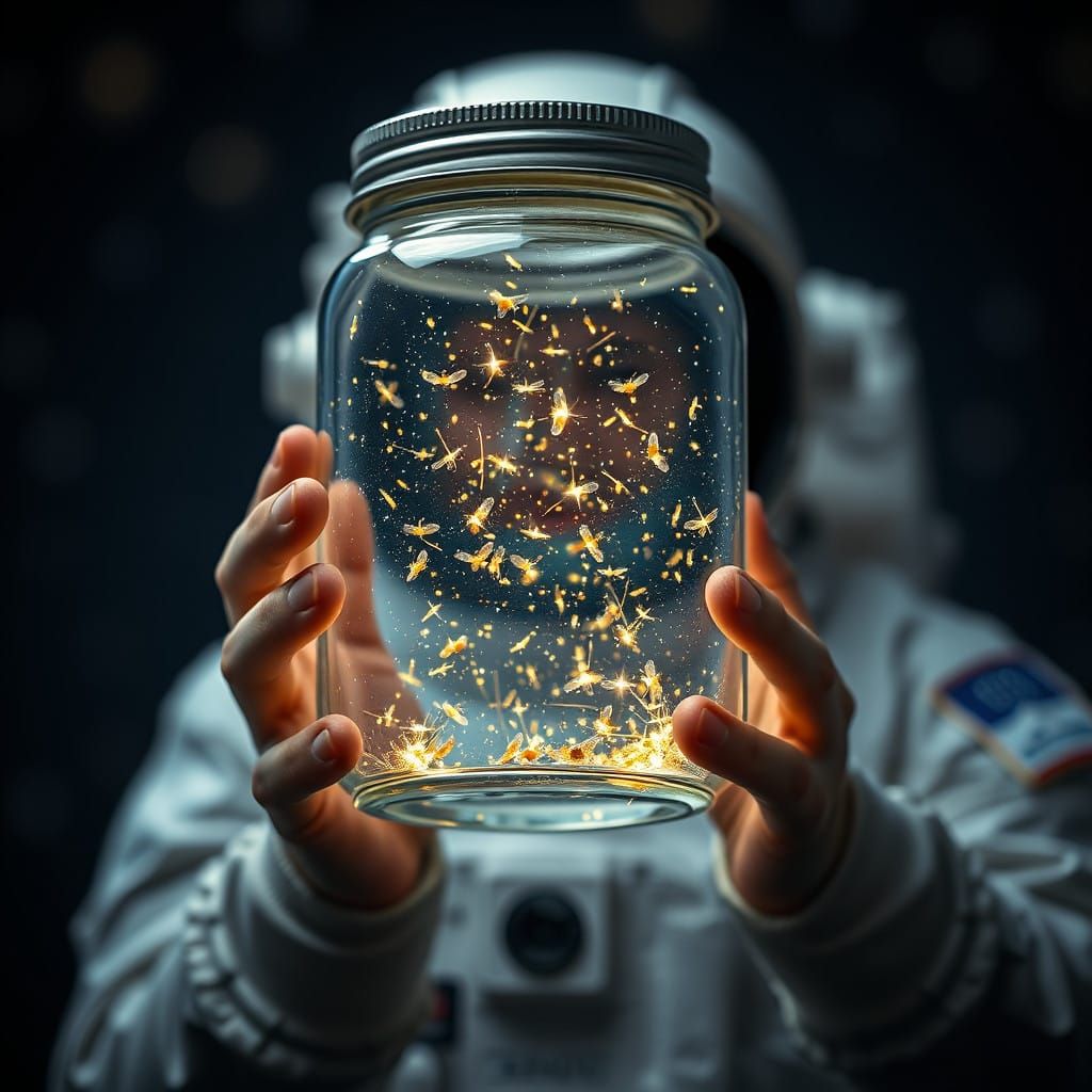 Space Spaceman Holding Jar of Dancing Fireflies in Zero Grav...