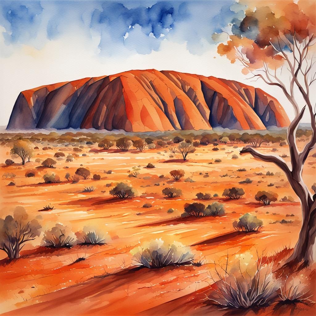 Watercolor Painting of Uluru in Australian Desert