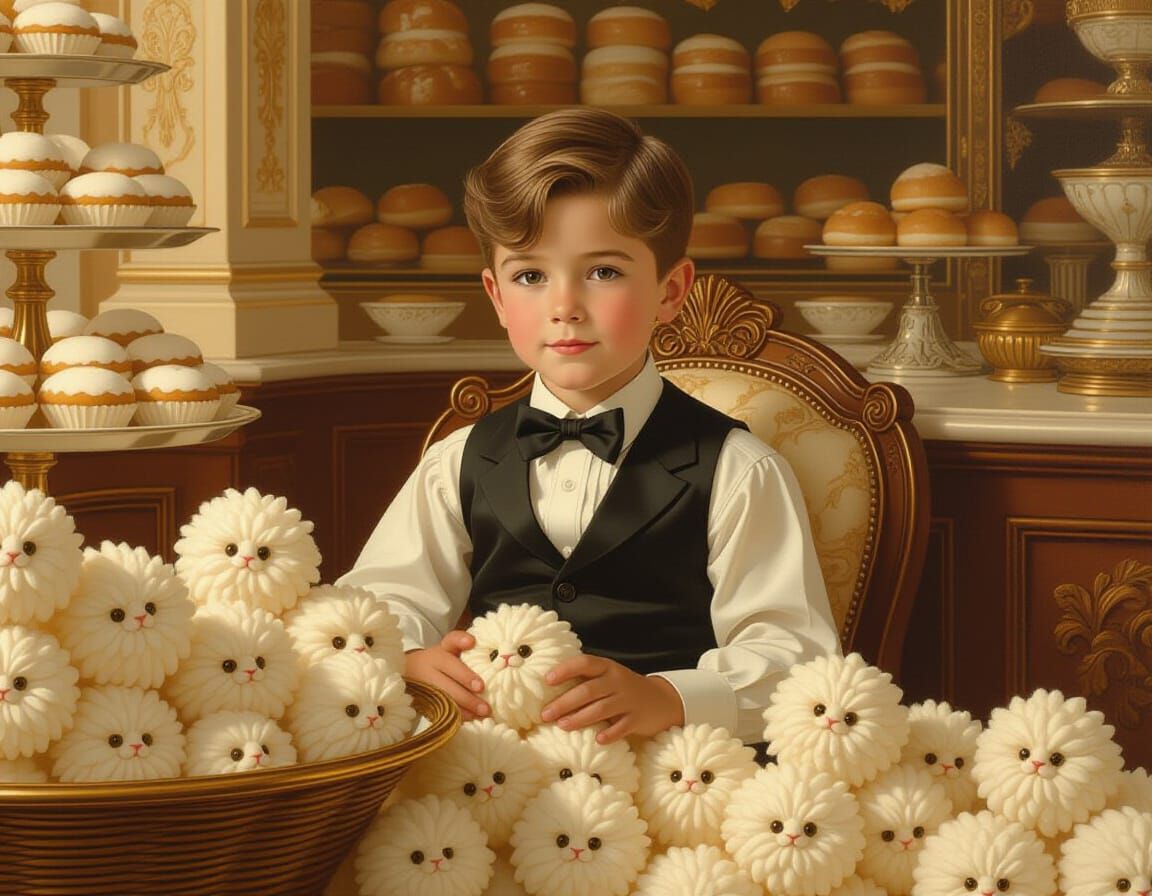 Boy and Tribbles in Ornate Bakery, American Illustration