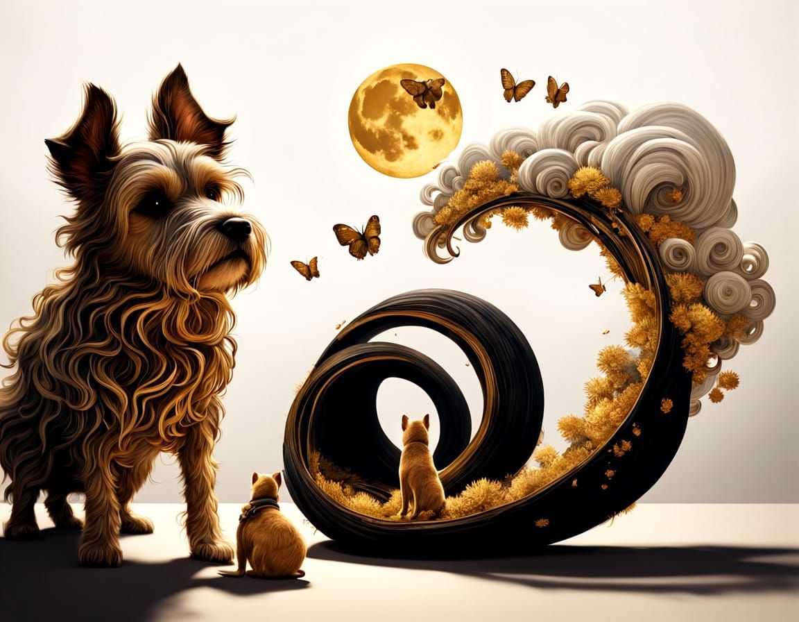 Liquid Gold Dog and Mouse in Whimsical Studio Light