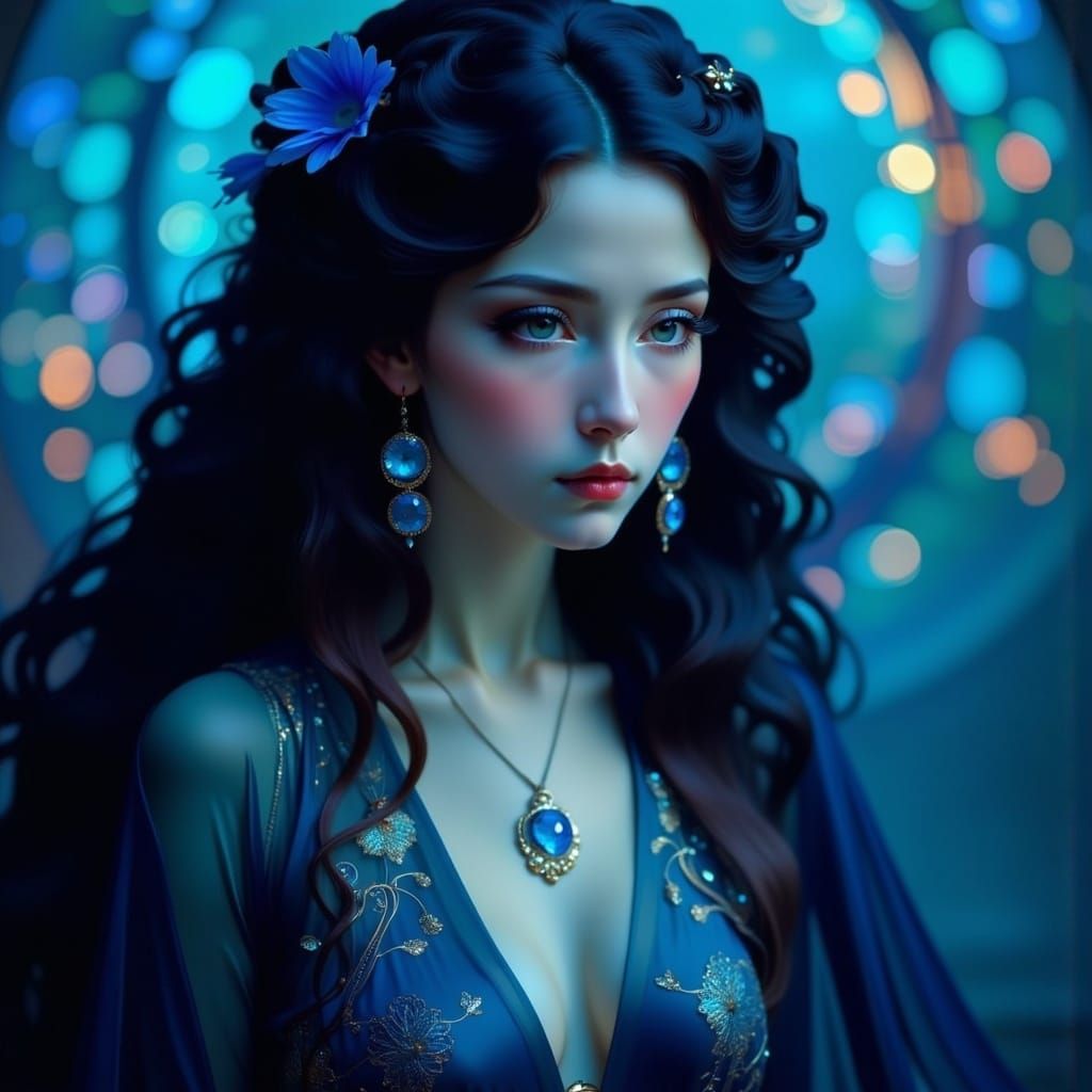 Ethereal Art Nouveau Goddess in Dark Blue Gown