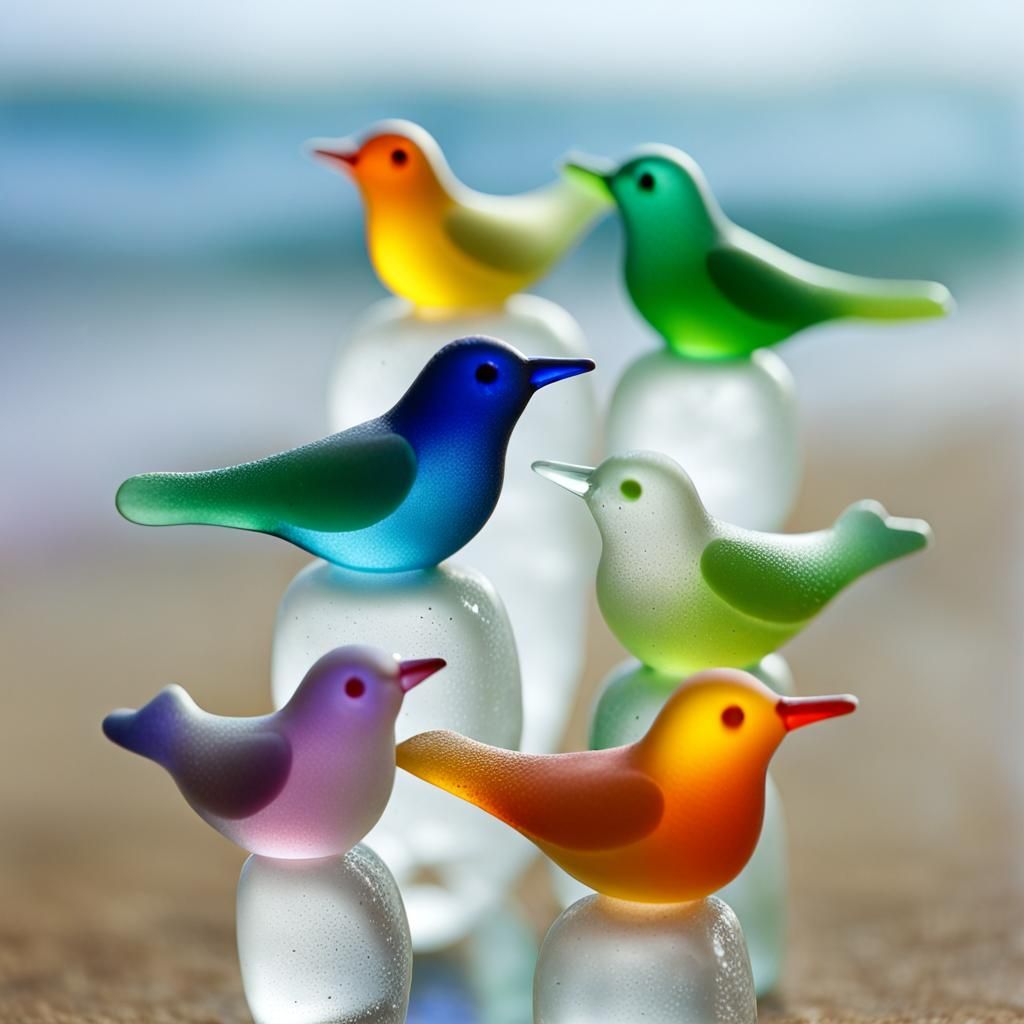Sea Glass Rainbow Birds in Ethereal Setting