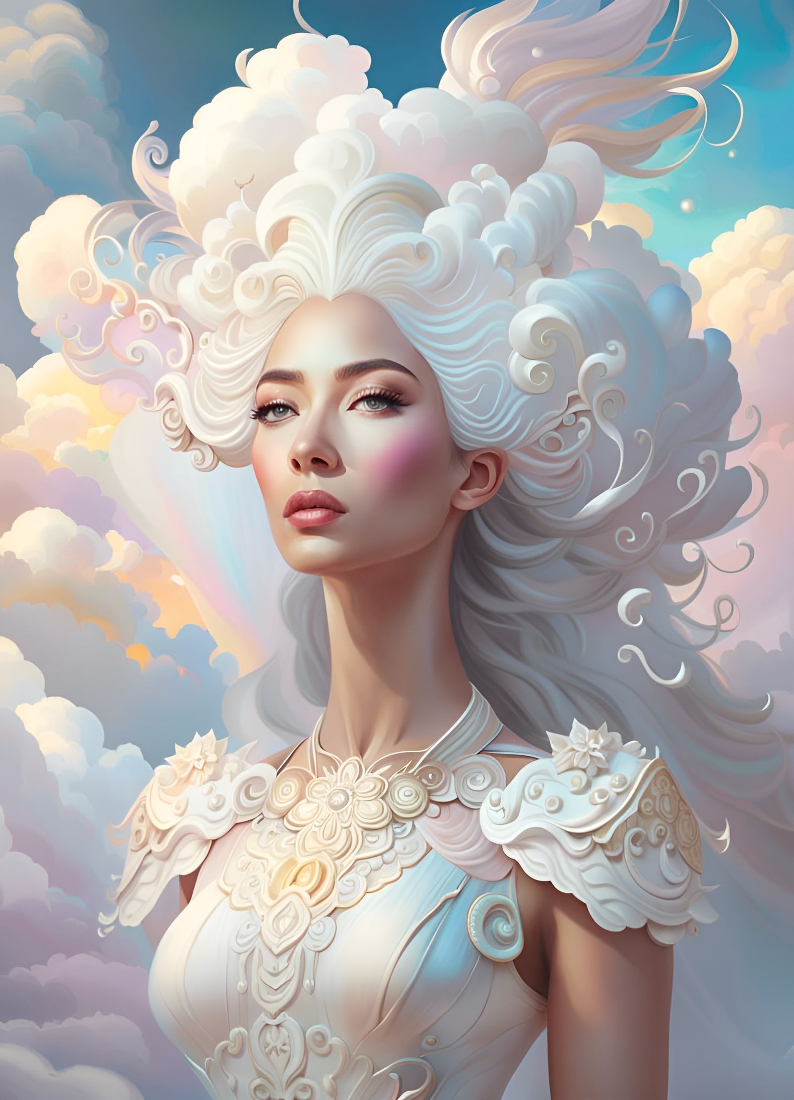 Cloud Goddess in White Dress: Fantasy Portrait