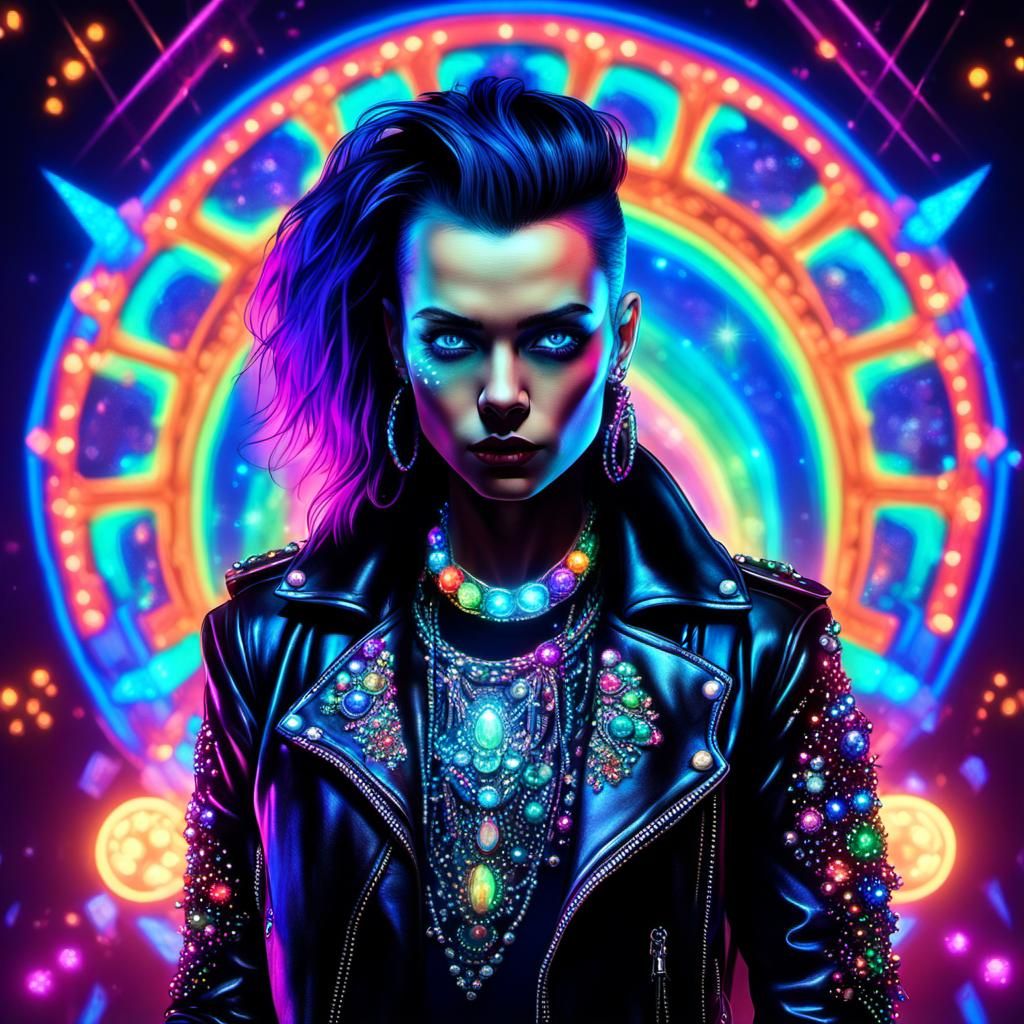 Glowing Punk Goth Woman Casting Neon Magic