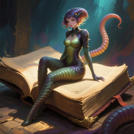 Worm Monster Girl Reading Ancient Tome