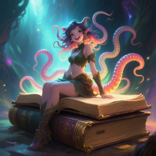 Monster Girl on Giant Book, Painterly Concept Art