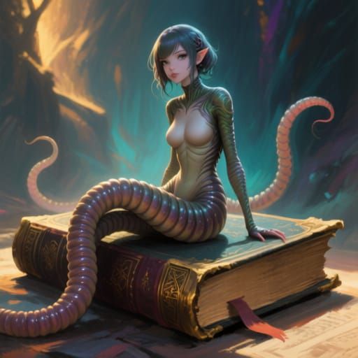 Worm Monster Girl Sits On Ancient Book