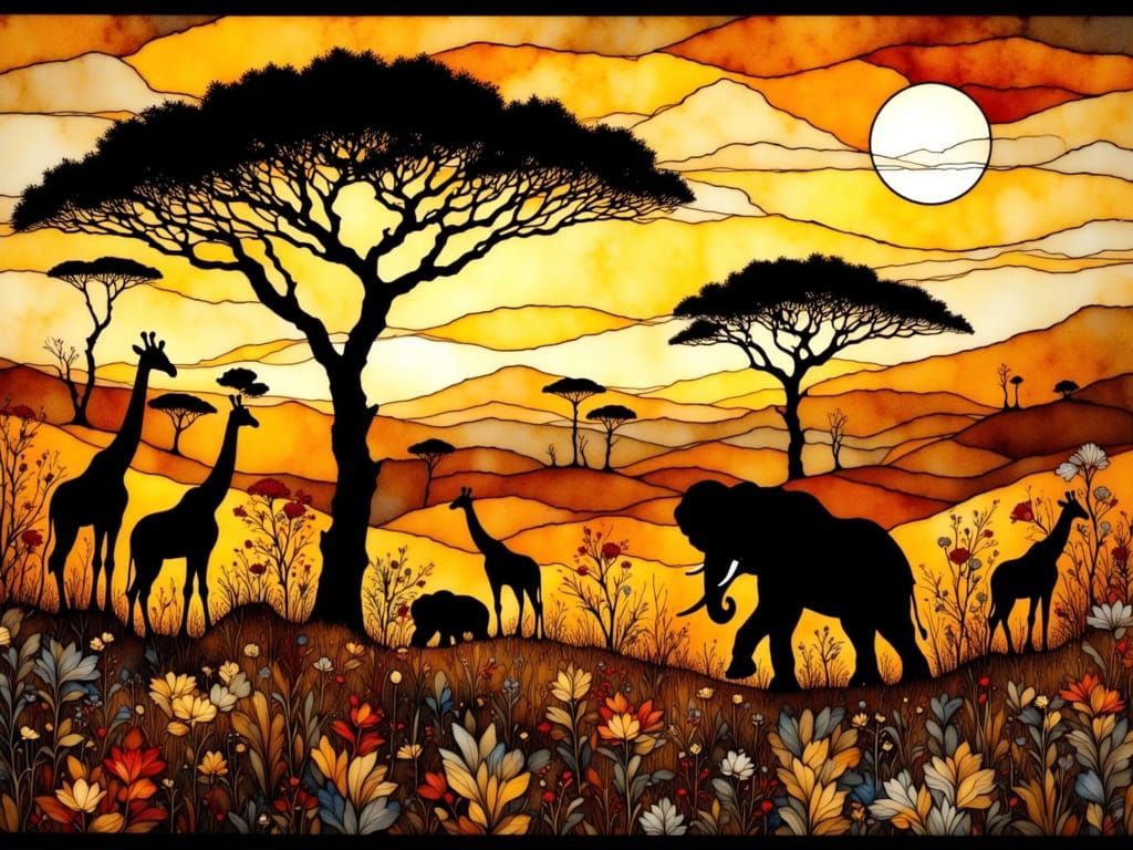 African Wilderness in Stained Glass Style