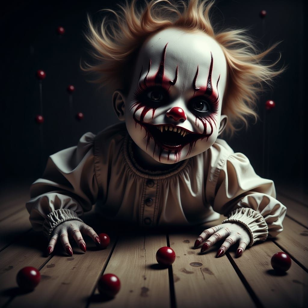 Disturbing Porcelain Doll Scene in a Dark Circus Setting