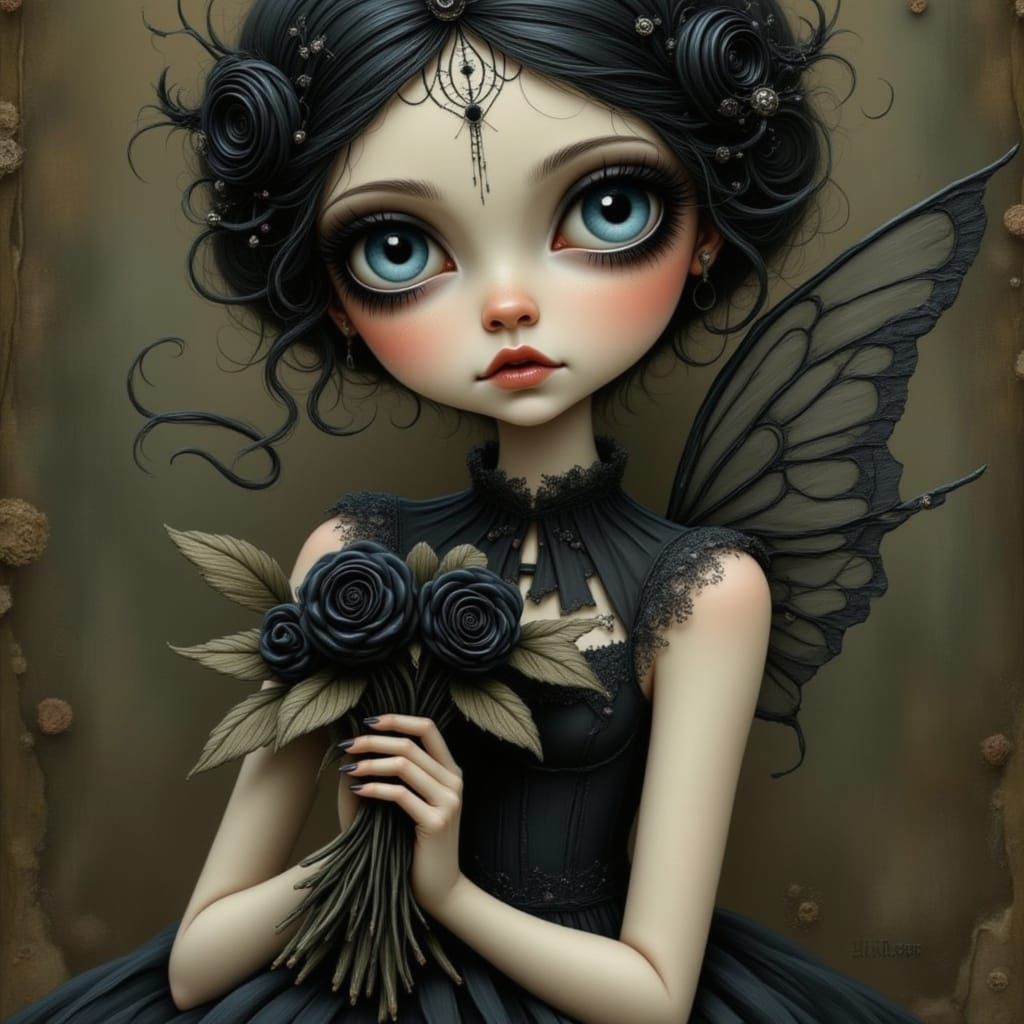 Gothic Fairy with Black Roses, in Whimsical Style