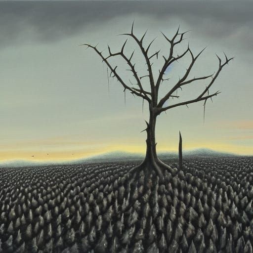 Surreal Thorn in Desolate Landscape Oil Painting