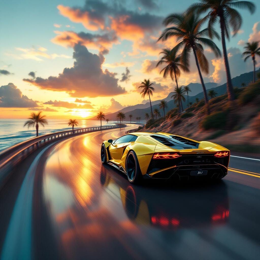 Futuristic Yellow Lamborghini at Sunset in Hyperrealistic St...