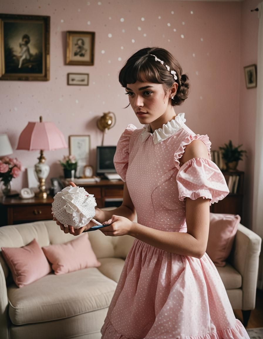 Muscular Girl in Pink Dress, Cinematic Film Still