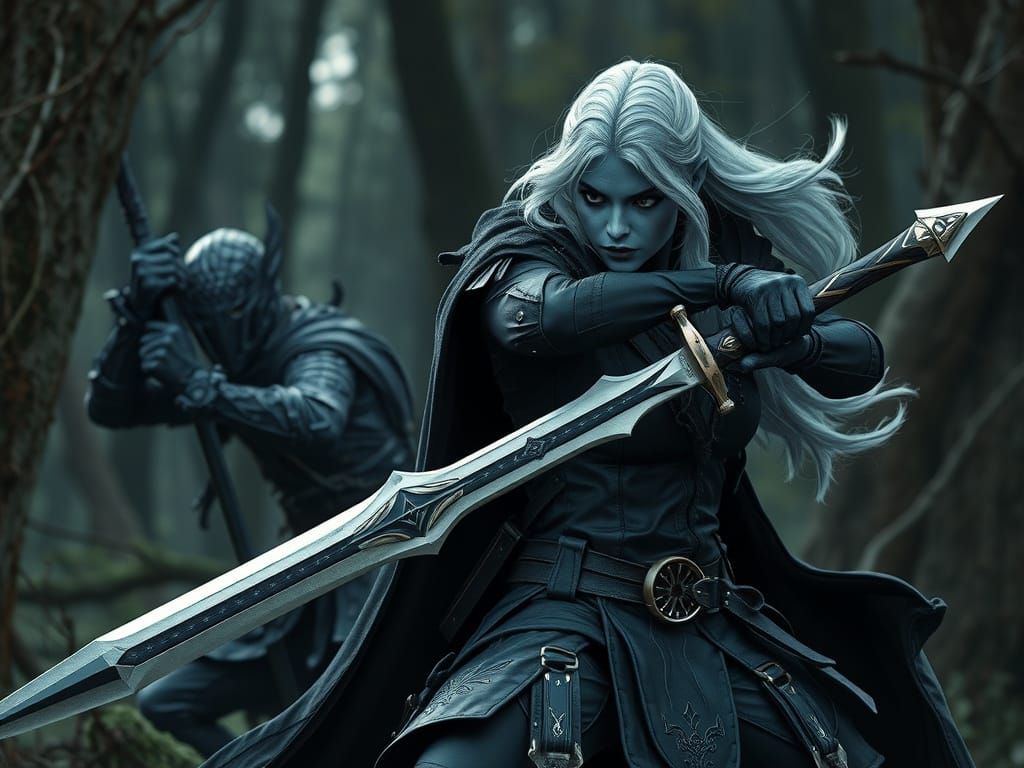 Dark Blue Drow Warrior Engages Elf Opponent in Ancient Fores...