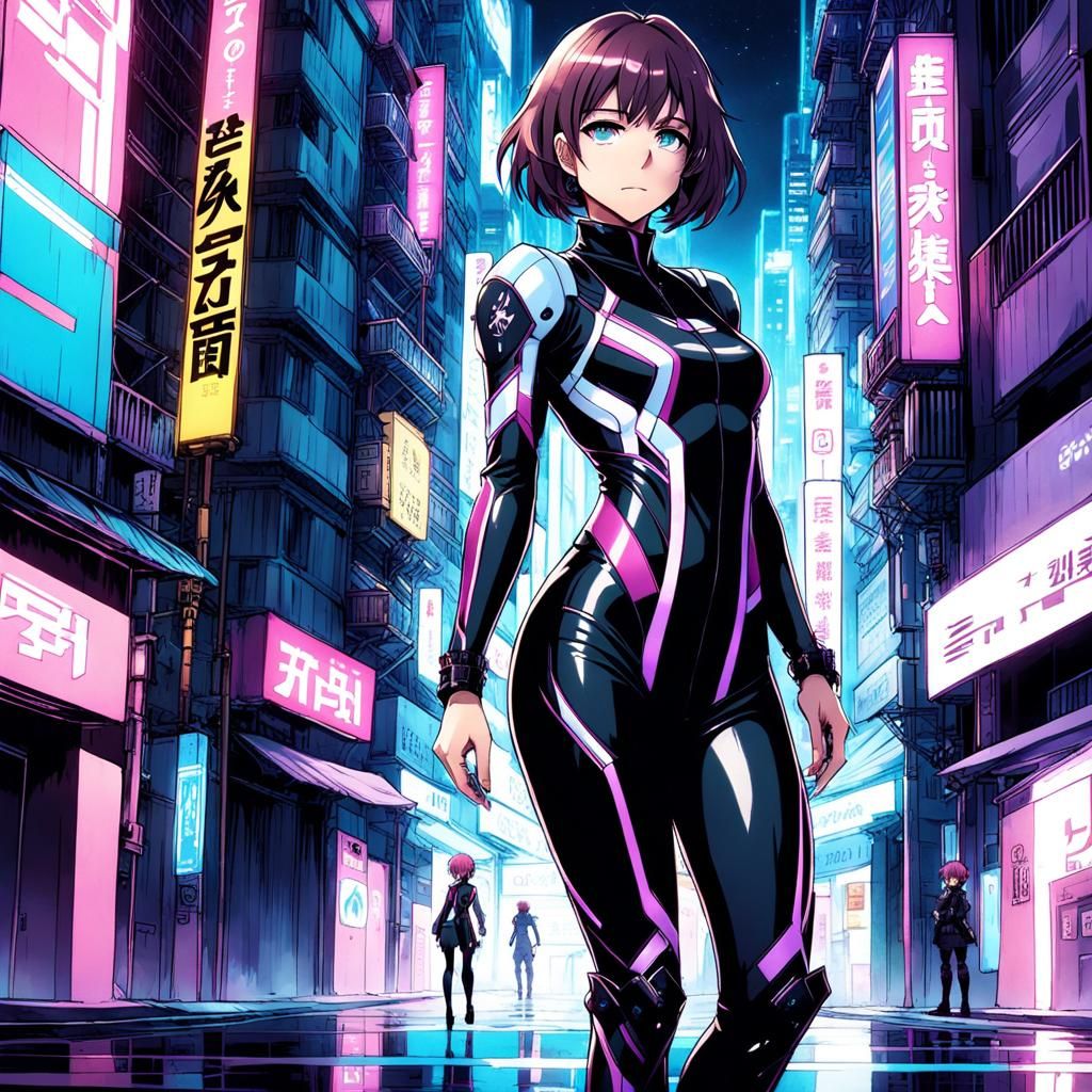 Cyberpunk Woman with Bob Haircut in Anime Style