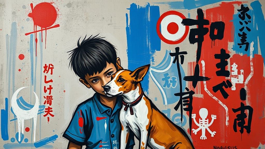 Boy and Dog Art Inspired by Basquiat's Bold Style