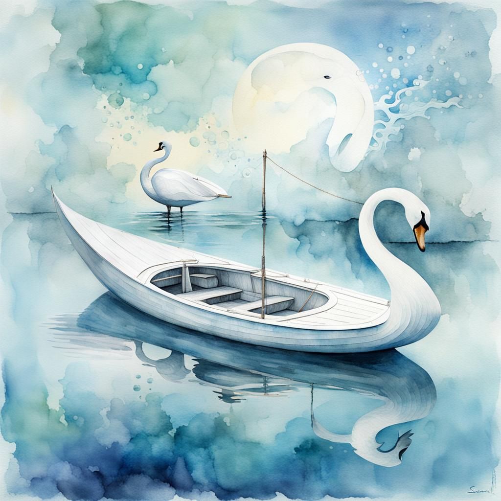 Swan Boat Watercolor in Boulet Style