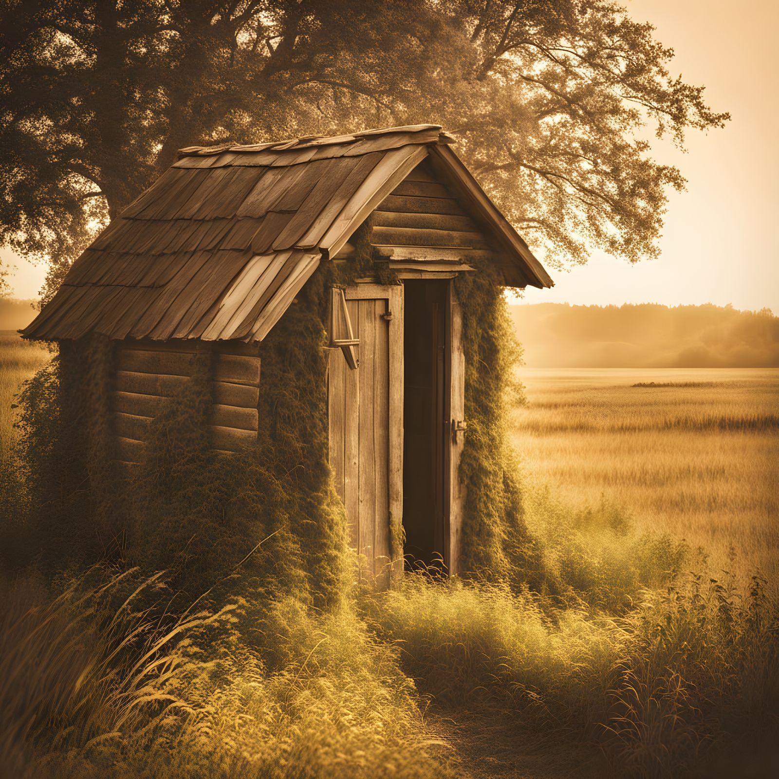 Overgrown Stone Outhouse in Rural Field
