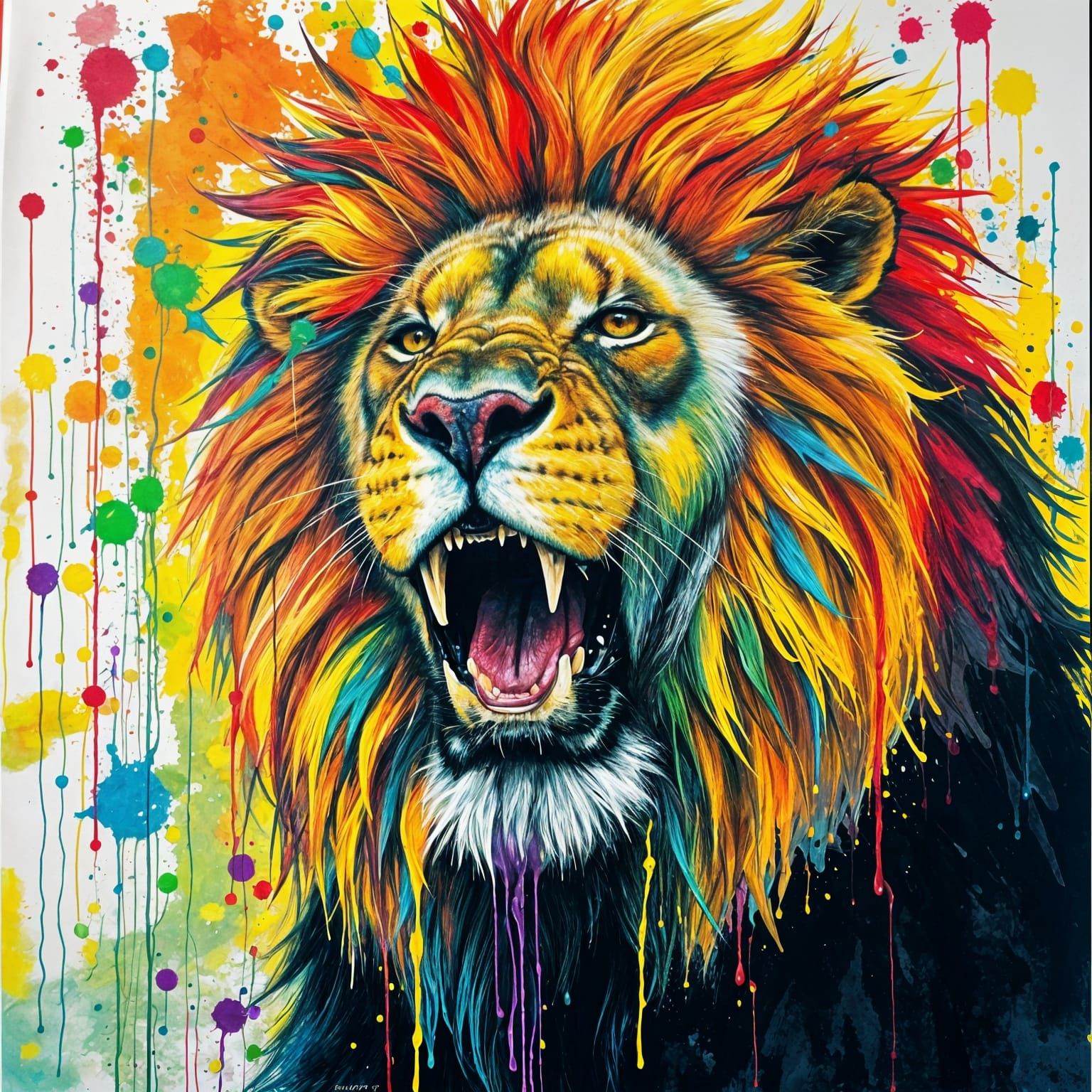 Multicolored Lion King of Beasts in a Vibrant Paint Drip Art...