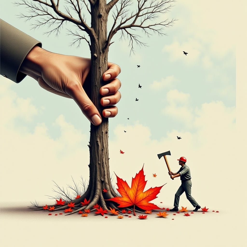 Giant Hand Grasps Tree in Detailed Pencil Sketch Style