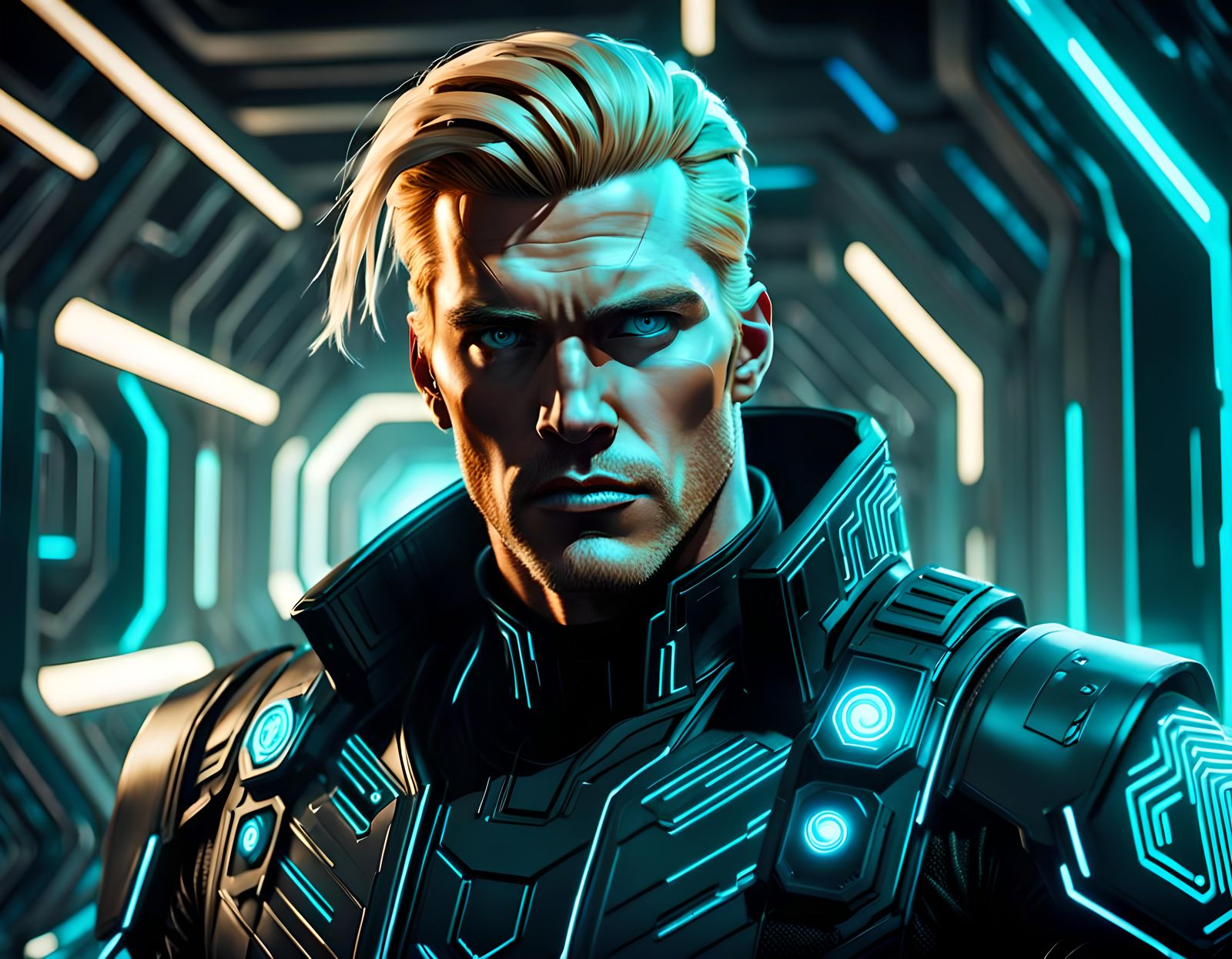 Futuristic Warrior in Digital Maze Videogame Style