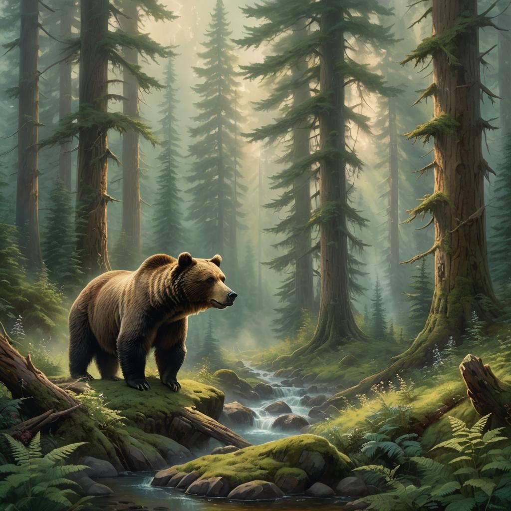 Grizzly Bear in Ethereal Forest, Fantasy Art