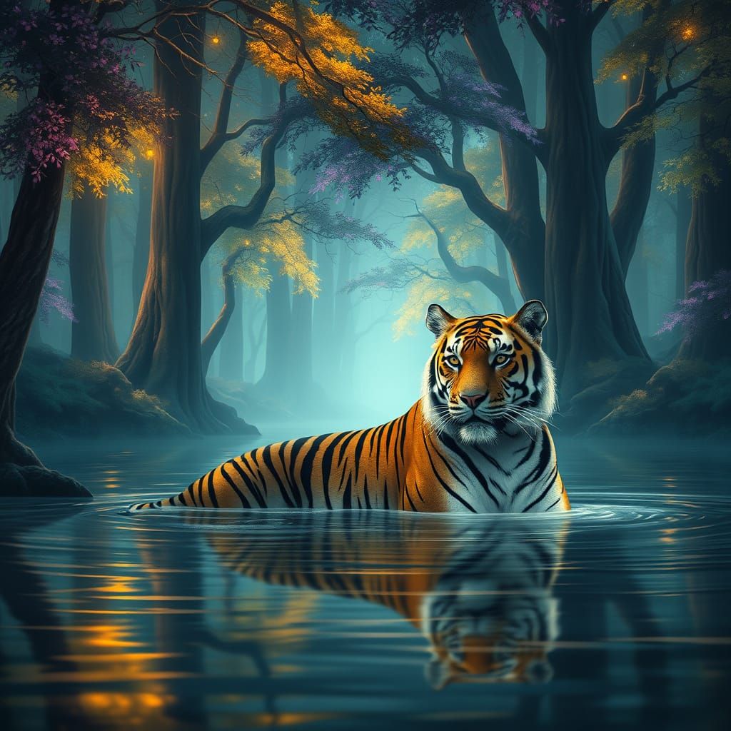 Mystical Tiger in Enchanted Forest Illustration