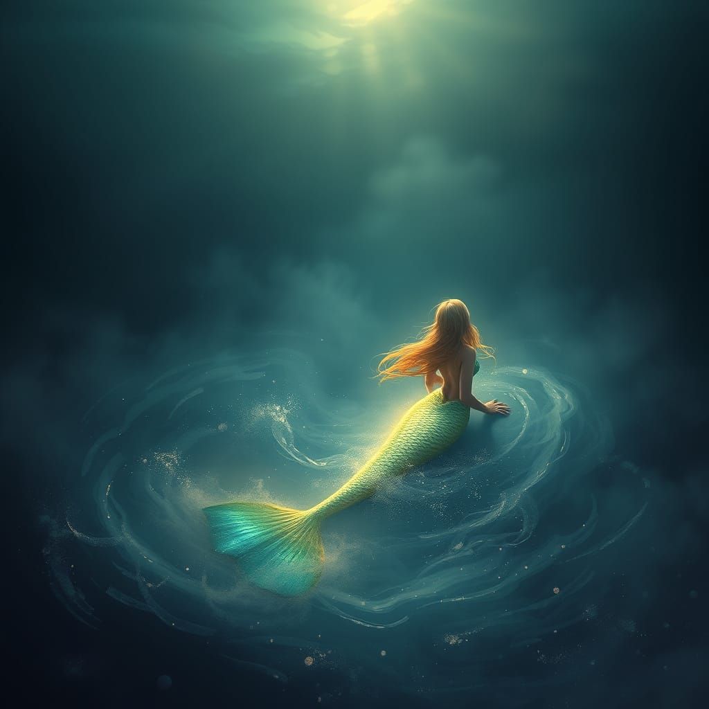 Drifting Mermaid in Ocean Twilight Zone