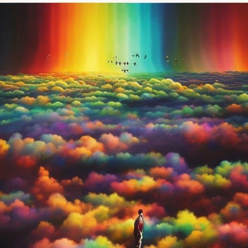 People Dancing on Clouds Under Rainbow Starry Sky