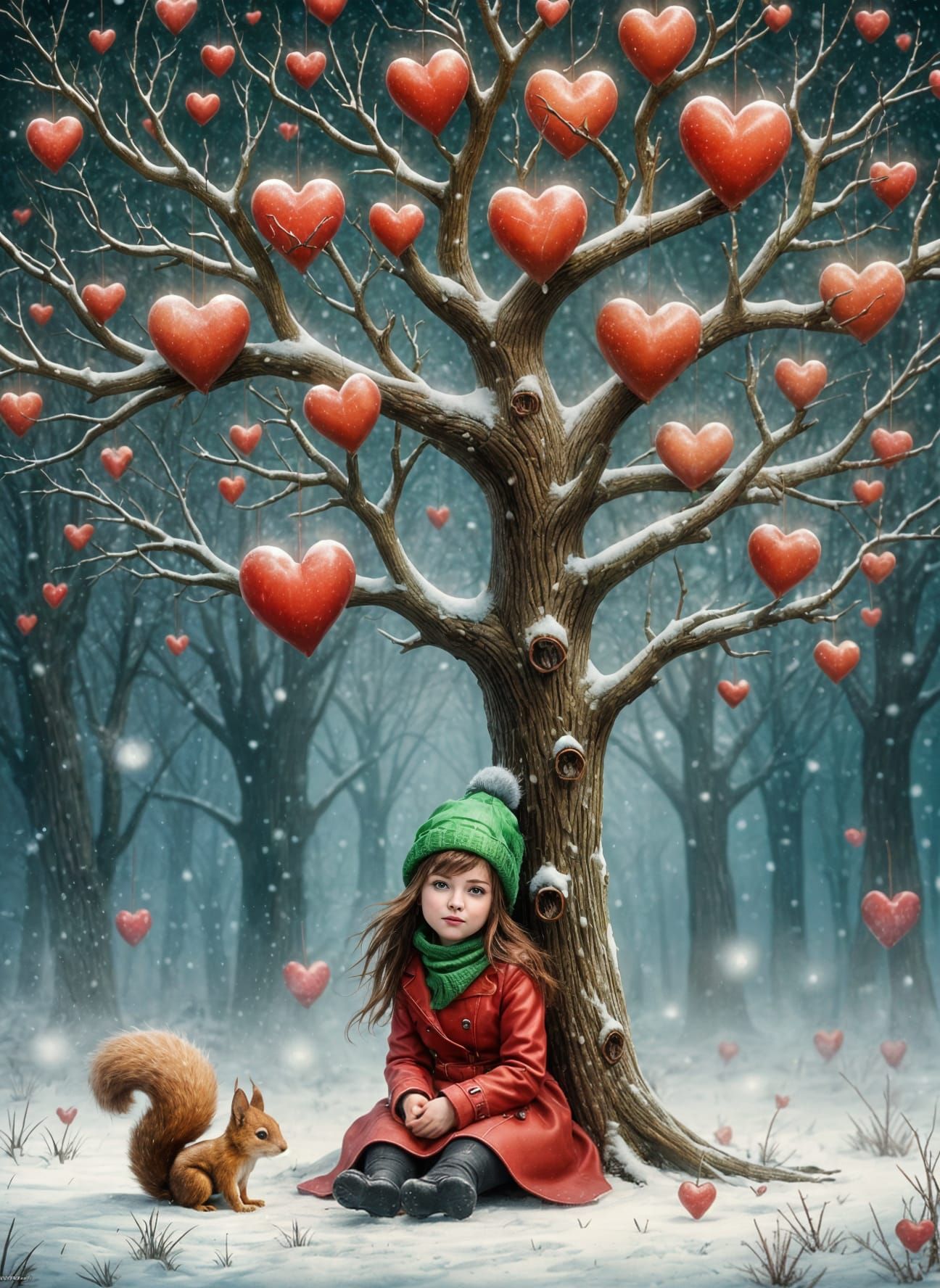 Whimsical Fantasy Tree of Hearts with Girl in Winter Mist
