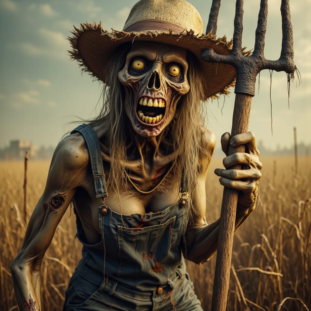 A female zombie farmer wearing a straw hat  and overalls holding a pitchfork preparing to fight off intruders <lora:Zomb...