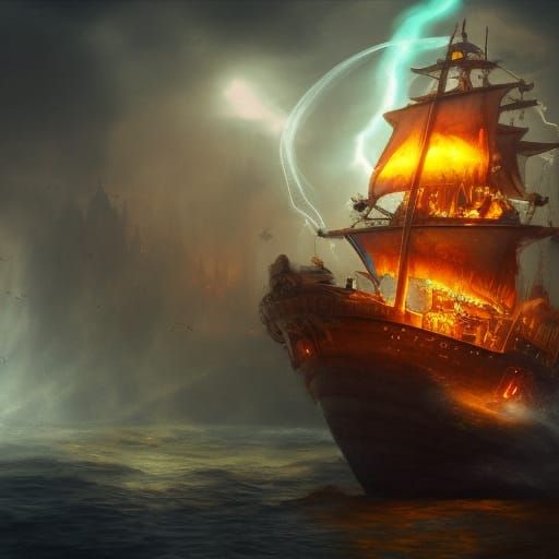 Chibi Steampunk Ghost Pirate Ship Ablaze