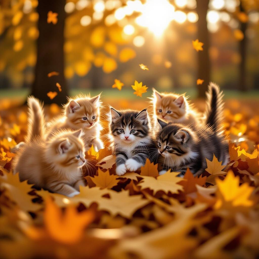 Fluffy Kittens Play in Golden Autumn Leaves