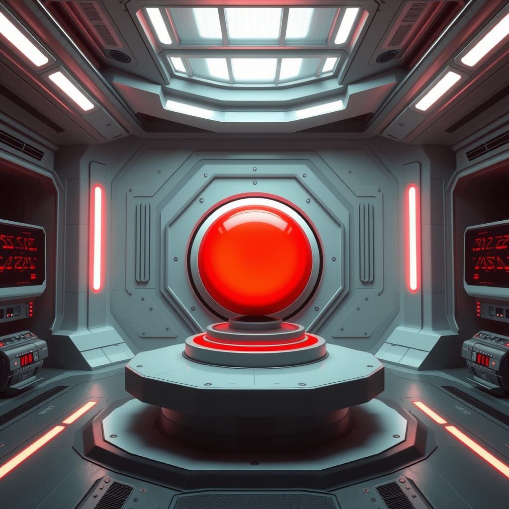 Ominous Red Button in Futuristic Control Room