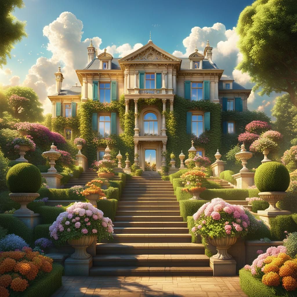 Country Mansion in Vibrant Gardens: Cinematic Digital Art