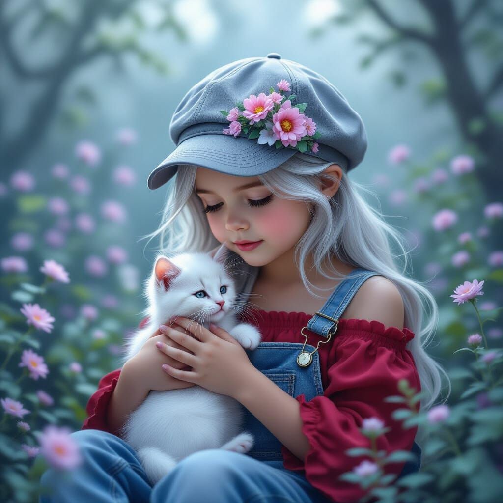 Ethereal Child Cradles Kitten in Misty Forest