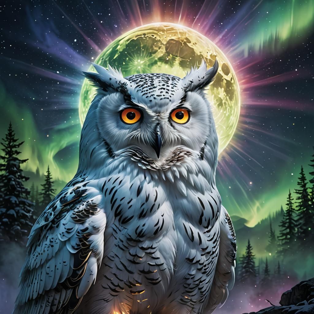 Ethereal White Owl in Moonlit Northern Lights