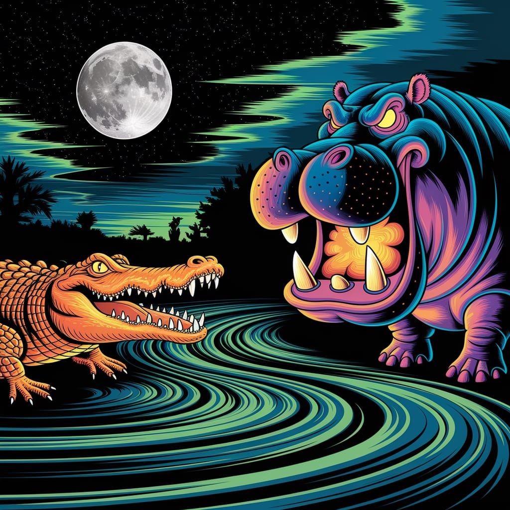 Menacing Hippo in Moonlit River: Holographic Illustration