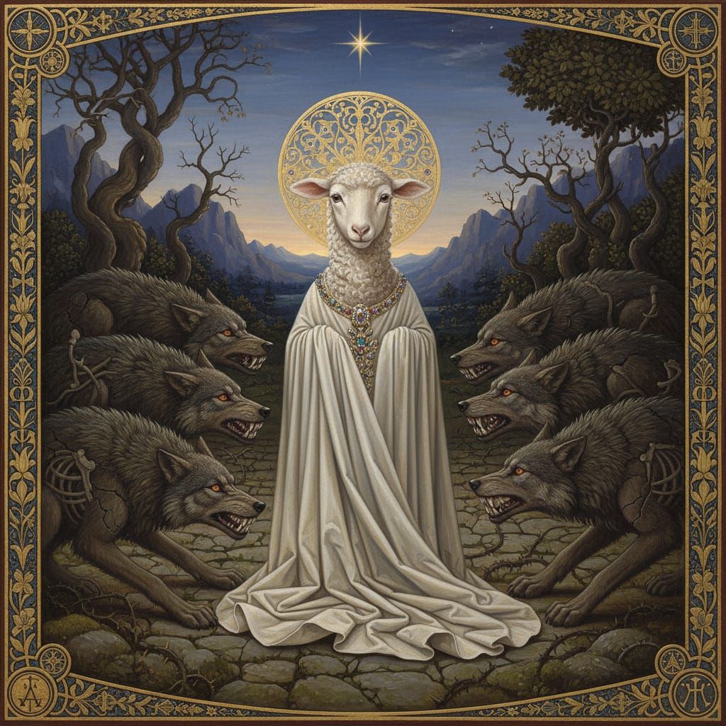 Lamb in White Cloak Surrounded by Wolves