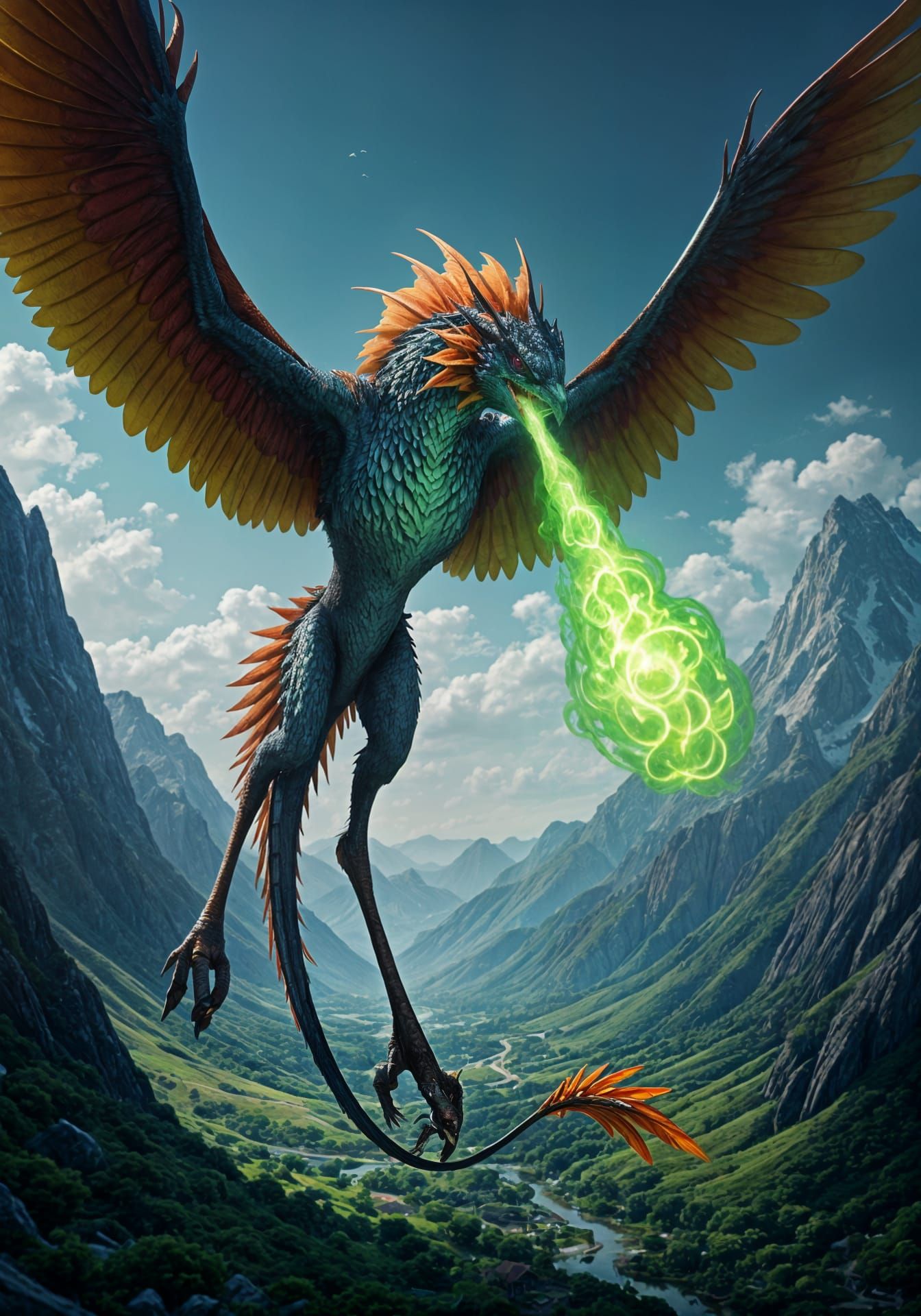 Majestic Acid-Green Wyvern Soars Over Snow-Capped Mountains