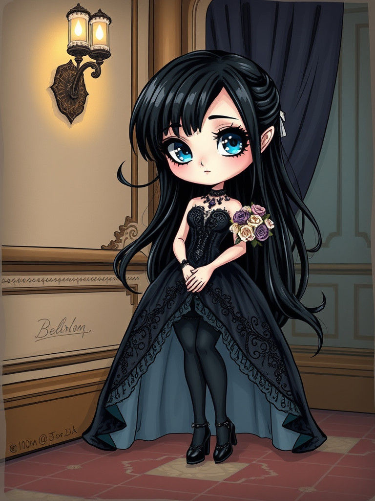 Cute Gothic BJD Girl in Jeweled Gown