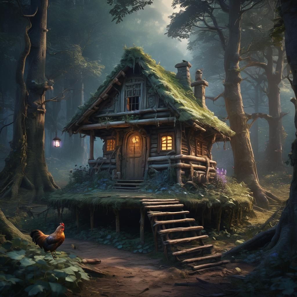 Ethereal Hut on Chicken Legs in Forest Clearing