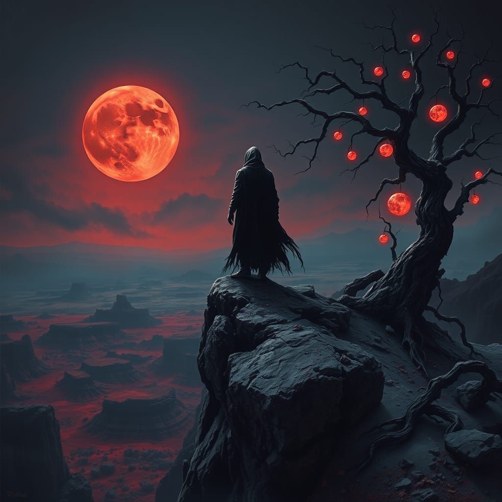 Dark Fantasy Figure Under Blood Moon in Beksiński Style