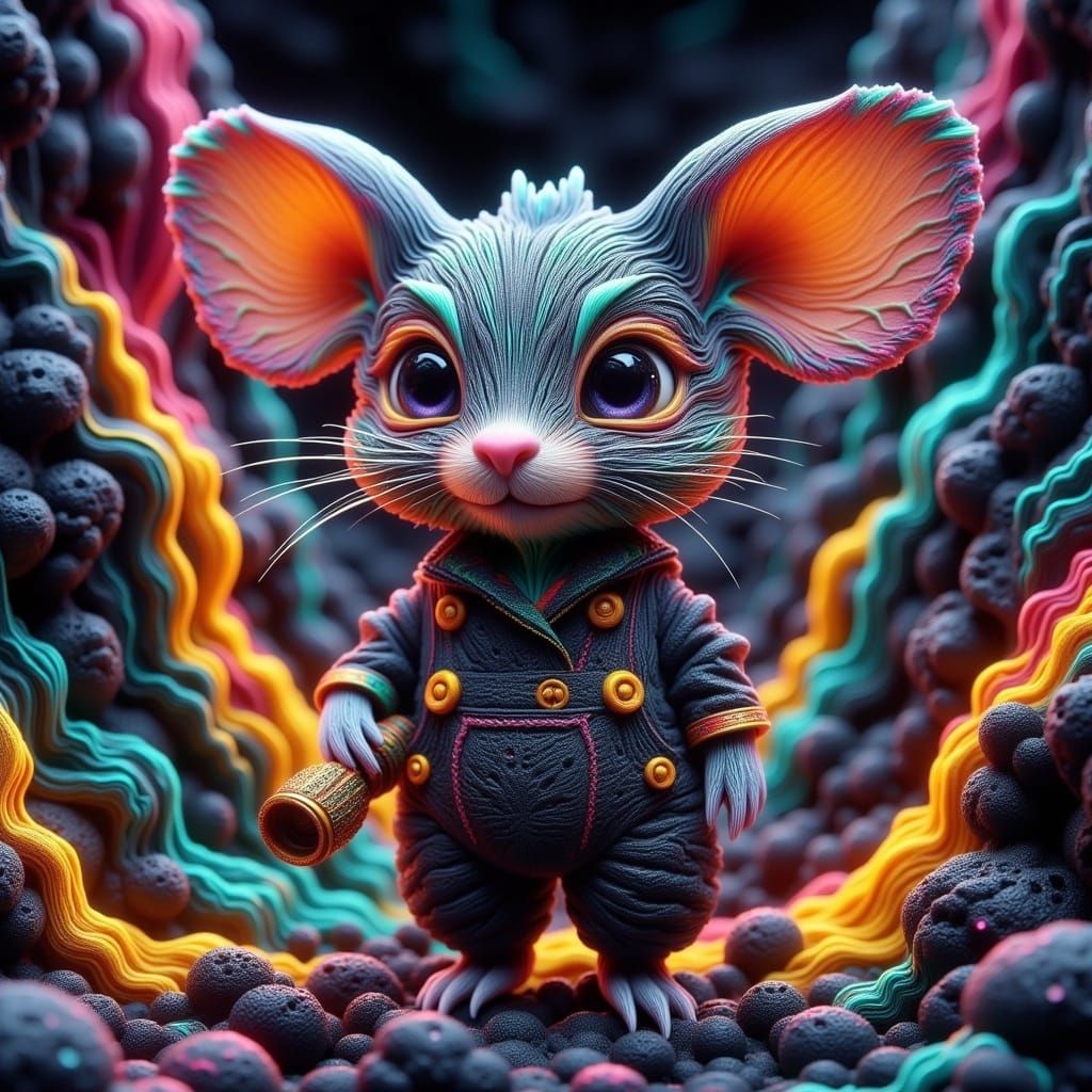 Whimsical Chibi Creature Amidst Bismuth Fractals in Darkened...