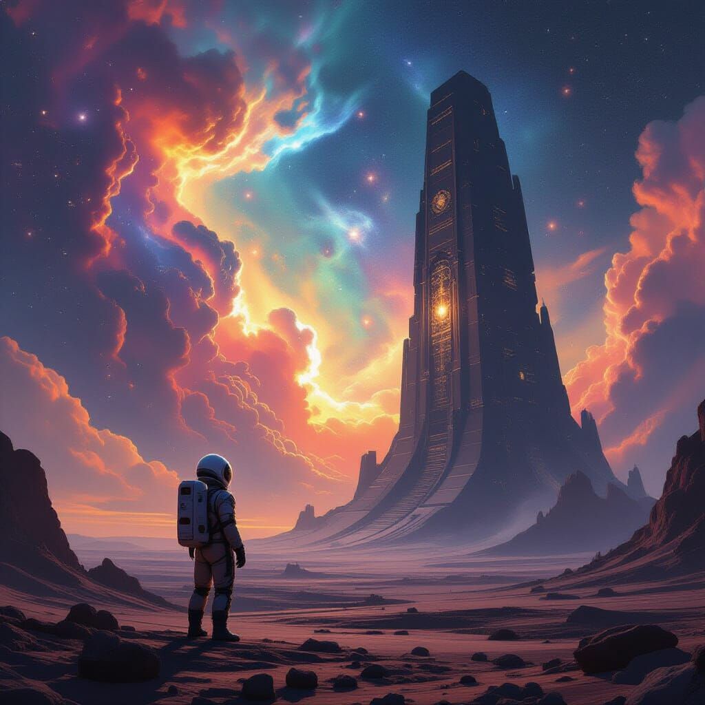 Astronaut Gazes at Colossal Alien Observatory on Desolate Pl...