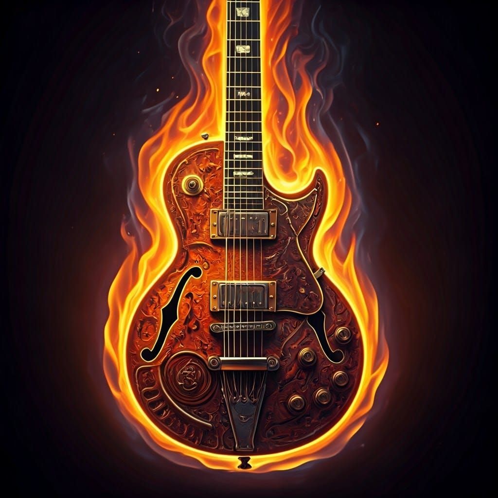 Flaming Guitar Ignited by Music: A Surreal Digital Painting