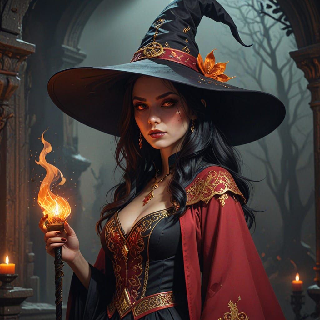 Fantasy Witch in Crimson and Gold Costume